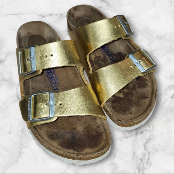 Birkenstock Arizona Soft Footbed Gold Leather Sandals - Picture 1 of 5